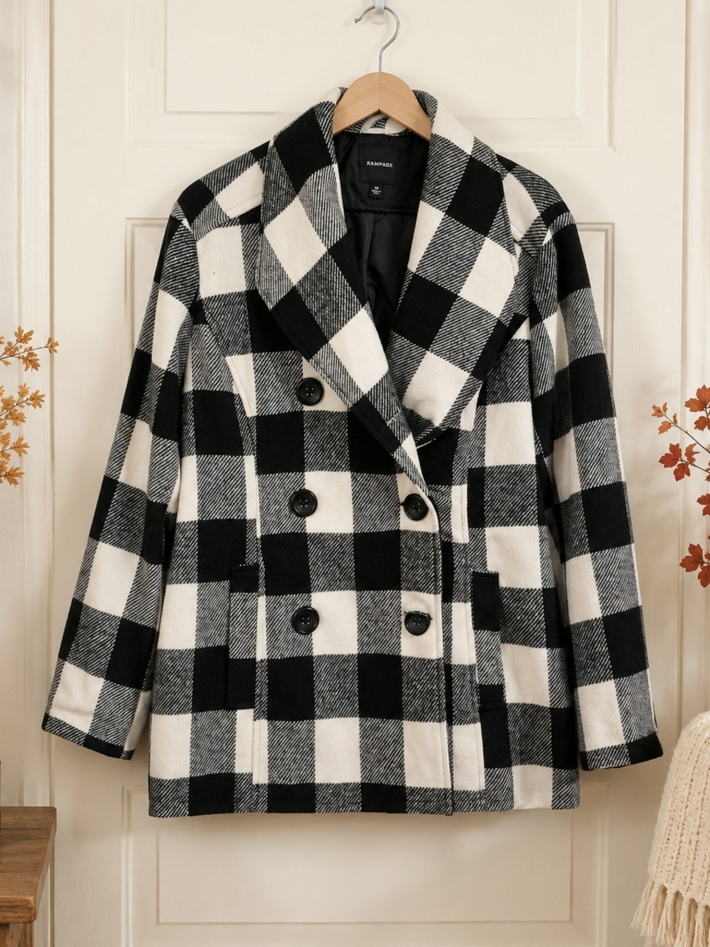 Rampage Buffalo Plaid Double Breasted Coat Black White Plus Size 1X
